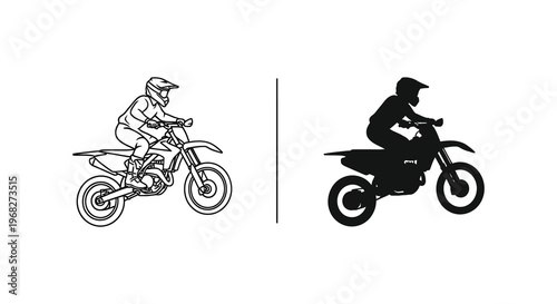 Motorcycle rider illustrations a detailed drawing and a black silhouette