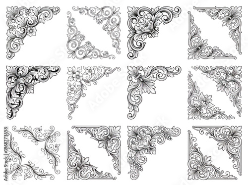 Ornate floral corner designs and borders in a vintage style, perfect for decorative accents and embellishments