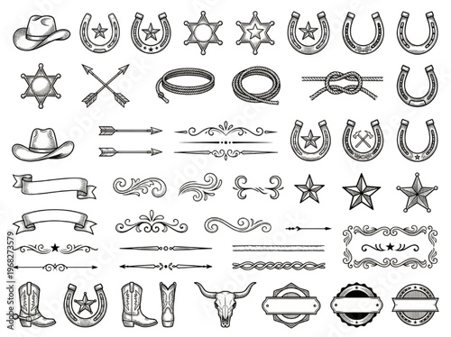 Versatile Collection of Classic Western Graphic Design Elements, Evoking Frontier Spirit and Rustic Heritage for Creative Projects and Authentic Branding