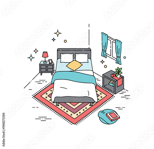 Rug under bed cozy corner scene where a decorative rug under a bed adds warmth while small sparkle and line icons emphasize relaxation, comfort, and inviting