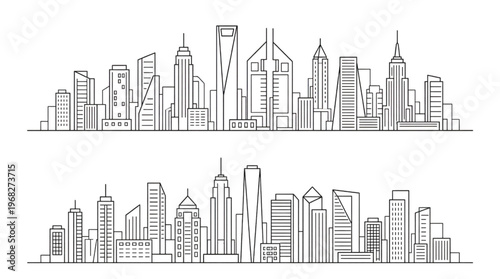 Minimalist Urban City Skyline Line Art Illustration Set Featuring Modern Skyscrapers and Architectural Landmarks, Ideal for Design Projects and Backgrounds