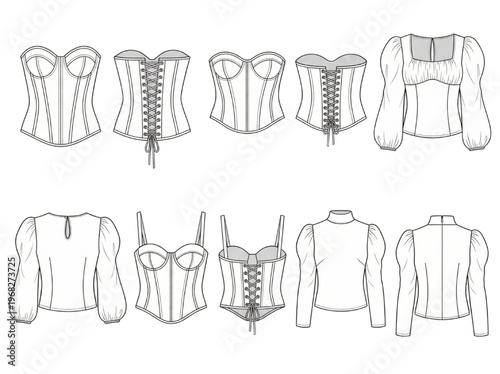 Fashion flats of various women's apparel tops, including strapless corsets, laced bustiers, and elegant long-sleeved blouses, ideal for design and garment production templates