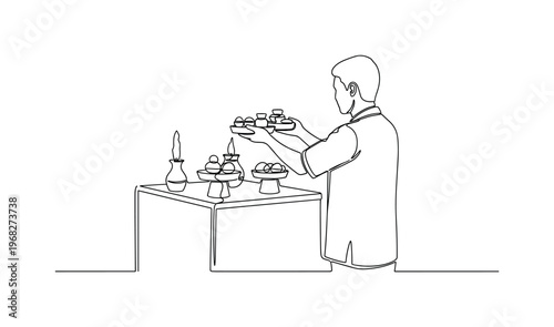 Sacred Offering. Minimalistic one-line drawing person presenting objects on altar for ritual, continuous single black line on white background, simple outline