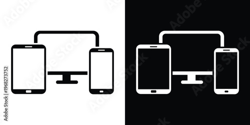 Laptop, tablet, and smartphone icons arranged together, symbolizing responsive design, cross-platform synchronization, digital connectivity, and modern workspace technology.