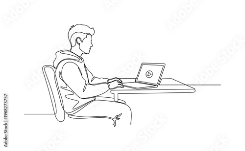 Learning Session. Minimalistic one-line drawing student viewing educational video on laptop, continuous single black line on white background, simple outline