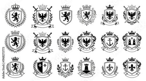 Collection of Heraldic Crests, Shields, and Emblems Featuring Lions, Eagles, and Crowns for Branding and Design