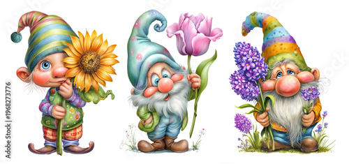 Cute garden gnomes with flowers, illustration set isolated, ai generated image