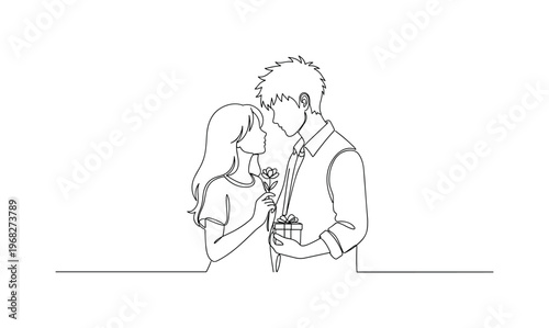 Romantic Cosplay. Minimalistic one-line drawing anime-inspired couple standing close with props, continuous single black line on white background, simple