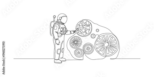 Ancient Life on Other Planets. Minimalistic one-line drawing astronaut analyzing fossil-like alien structures, continuous single black line on white