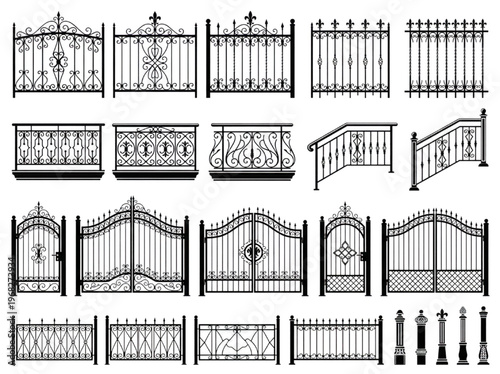 Collection of Ornamental Black Metal Fences and Gates Featuring Intricate Designs and Various Styles for Architectural and Garden Use