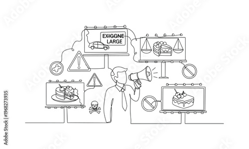 Misleading Advertising. Minimalistic one-line drawing marketer with warning symbols around exaggerated ads, continuous single black line on white background,