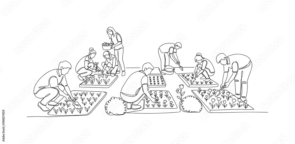 Fototapeta premium Community Gardeners. Minimalistic one-line drawing individuals collaborating in urban garden plots, continuous single black line on white background, simple