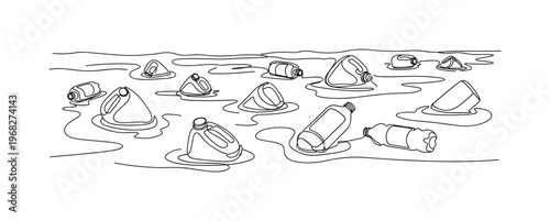 Water Pollution. Minimalistic one-line drawing floating plastic containers and bottles in river, continuous single black line on white background, simple