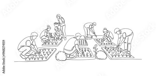Community Gardeners. Minimalistic one-line drawing individuals collaborating in urban garden plots, continuous single black line on white background, simple