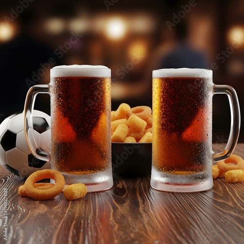 Two mugs of dark beer with pretzels and a soccer ball in the background
