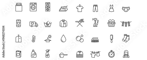 Laundry icon set home appliance clothing fashion ironing clean wash drying underwear