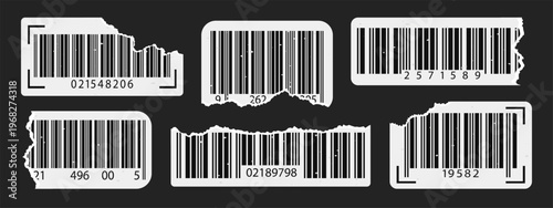 Label paper torn with ean barcode png and phone scan y2k. Sticker code grunge with old cut isbn and mobile product vintage. Vector graphic label with bar design ean and frame geometric barcode.