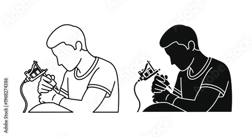 Tattoo artist applying ink with a machine detailed black silhouette