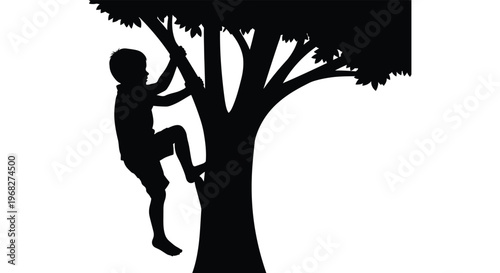 Child climbing a tree depicted in a striking black silhouette