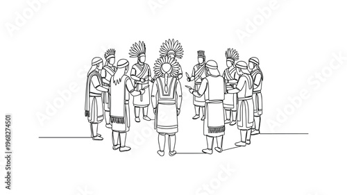 Tribal Ceremony. Minimalistic one-line drawing group of people in traditional attire participating in ritual, continuous single black line on white background,