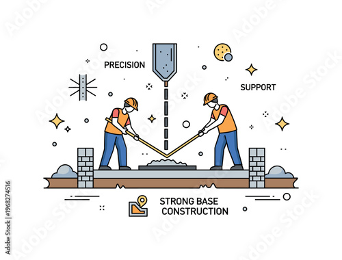 Foundation concrete pouring scene where builders work on a foundation slab while small sparkle and line icons highlight precision, support, and strong base