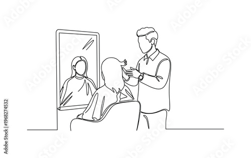 Client Hair Consultation. Minimalistic one-line drawing person looking in mirror while stylist discusses haircut, continuous single black line on white
