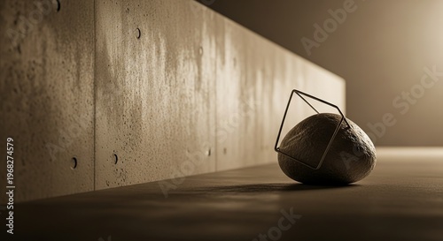 Minimalist Stone Object with Geometric Handle and Concrete Wall.
