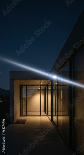 Modern architectural design illuminated at night, glass facade.