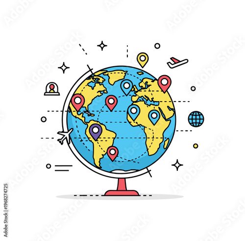 Earth globe travel theme scene where a globe is marked with pins and lines indicating destinations while small sparkle and line icons emphasize exploration,