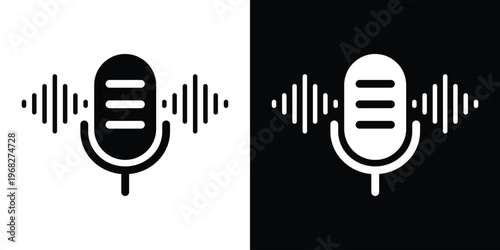 Professional studio microphone icon with sound waves on either side, representing podcasting, broadcasting, voice recording, radio, and vocal performance. Bold vector style.