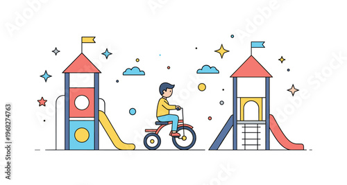 Tricycle ride colorful playground path concept where a child pedals among bright play structures while small sparkle and star icons emphasize energy,