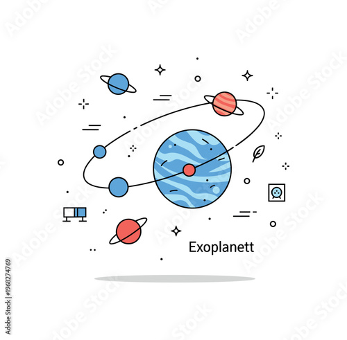Infinite space exoplanet discovery concept where distant planets are highlighted in orbit while tiny sparkle and line icons emphasize observation, mystery, and