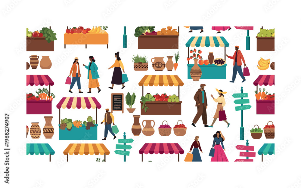 Fototapeta premium market exploration patterns seamless pattern, repeating pattern, surface design, textile print, modern illustration of street market stalls, shoppers, fruits,