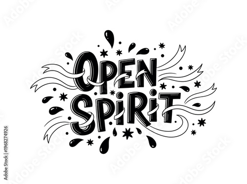 Open Spirit. lettering and all elements in black. Vector style. AWhite background. Pure white background. Perfect isolation and visual consistency. Funky
