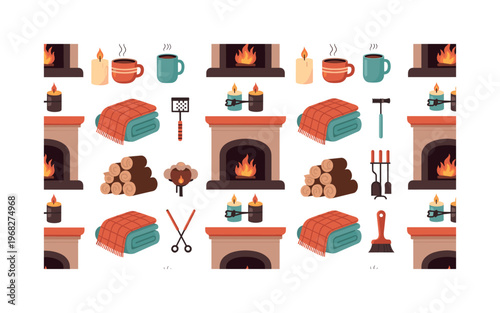 home warmth patterns seamless pattern, repeating pattern, surface design, textile print, modern illustration of fireplaces, glowing embers, blankets, mugs,