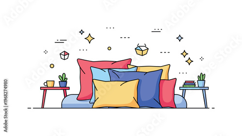 Pillow lounge setup concept where pillows are arranged on a bed with side tables while small sparkle and line icons emphasize restfulness, style, and comfort.