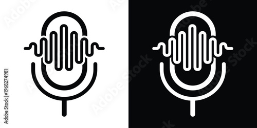Professional studio microphone icon with sound waves on either side, representing podcasting, broadcasting, voice recording, radio, and vocal performance. Bold vector style.