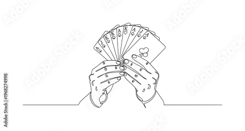 Card Trick. Minimalistic one-line drawing magician or player fanning cards with visible symbols, continuous single black line on white background, simple