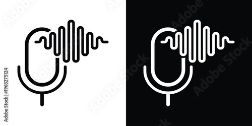 Professional studio microphone icon with sound waves on either side, representing podcasting, broadcasting, voice recording, radio, and vocal performance. Bold vector style.