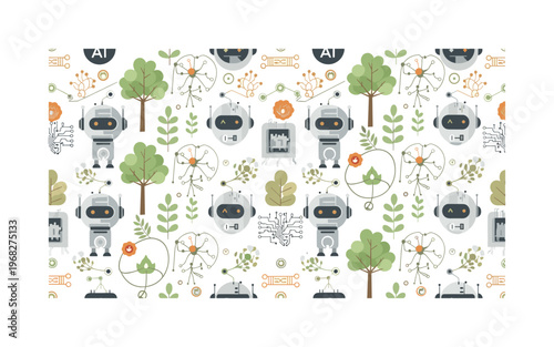 bio-digital icons seamless pattern, repeating pattern, surface design, textile print, modern illustration of AI robots, neural networks, leaves, trees, vines,