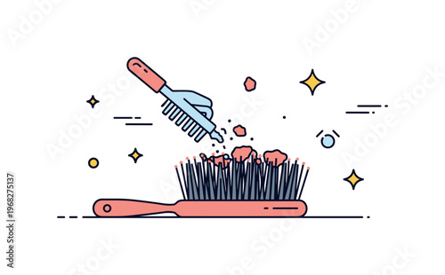 Hairbrush bristle cleaning scene where small debris is removed from the bristles while small sparkle and line icons emphasize hygiene, maintenance, and