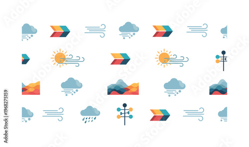 air currents motifs seamless pattern, repeating pattern, surface design, textile print, modern illustration of wind direction arrows, moving clouds, breezes,