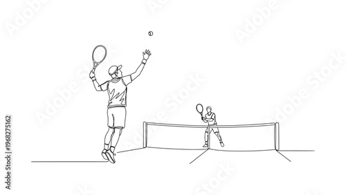 Serve and Return. Minimalistic one-line drawing player serving ball with opponent ready to return, continuous single black line on white background, simple