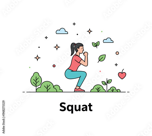 Squat outdoor training concept where a person squats in a park while tiny sparkle and leaf icons highlight active lifestyle, strength, and connection with