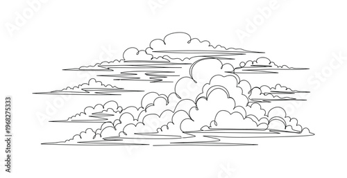 Dark Sky. Minimalistic one-line drawing thick clouds and gusts of wind indicating storm, continuous single black line on white background, simple outline