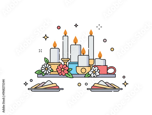 Candle centerpiece brunch setup concept where multiple candles in small holders sit among flowers and napkins while tiny sparkle and star icons highlight