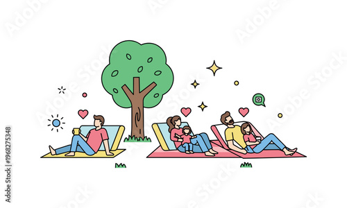 Family in the backyard relaxation scene where family members lounge on blankets under a tree while small sparkle and heart icons emphasize calm, togetherness,