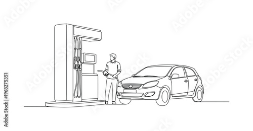 Gas Pump Scene. Minimalistic one-line drawing fuel station with car and person refueling, continuous single black line on white background, simple outline