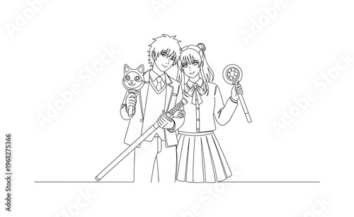 Anime Cosplay Couple. Minimalistic one-line drawing two cosplayers with character props standing close, continuous single black line on white background,