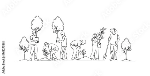 Tree Planting Volunteers. Minimalistic one-line drawing people carrying saplings and planting them, continuous single black line on white background, simple